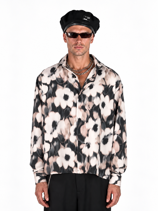 Camicia Fantasia floreale astratta  fondo bianco oversize