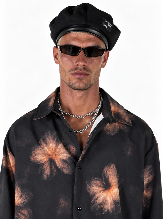 Camicia  Fantasia oversize  fondo nero manica lunga